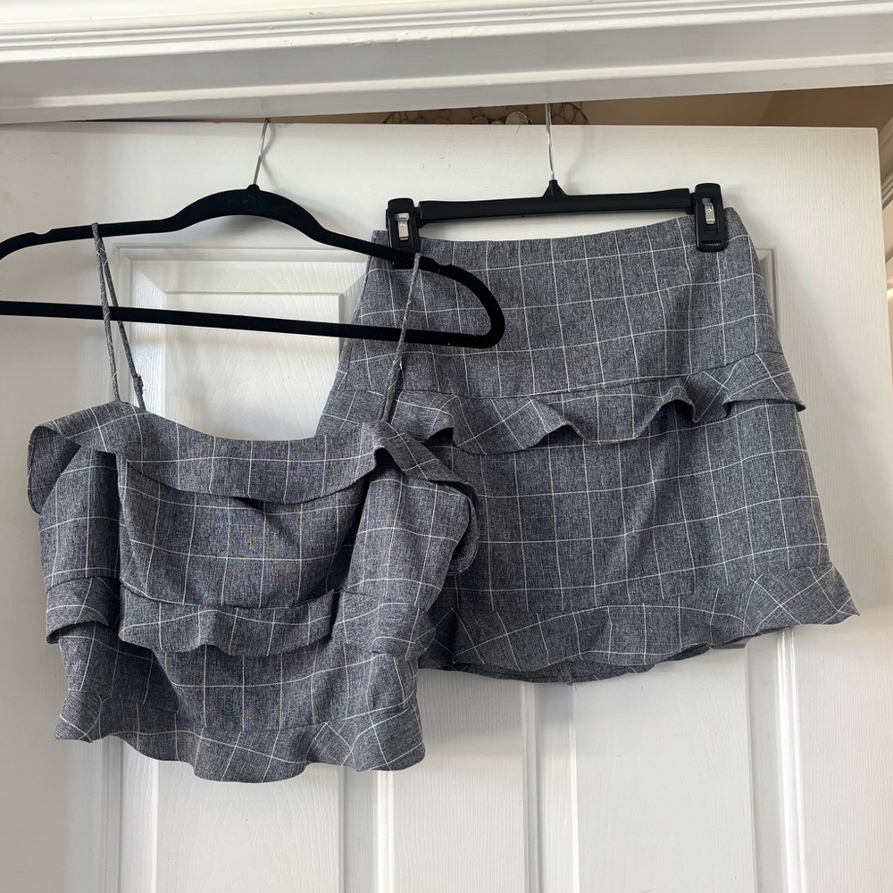 Greyish Blue Plaid Ruffle Skirt and Top Set